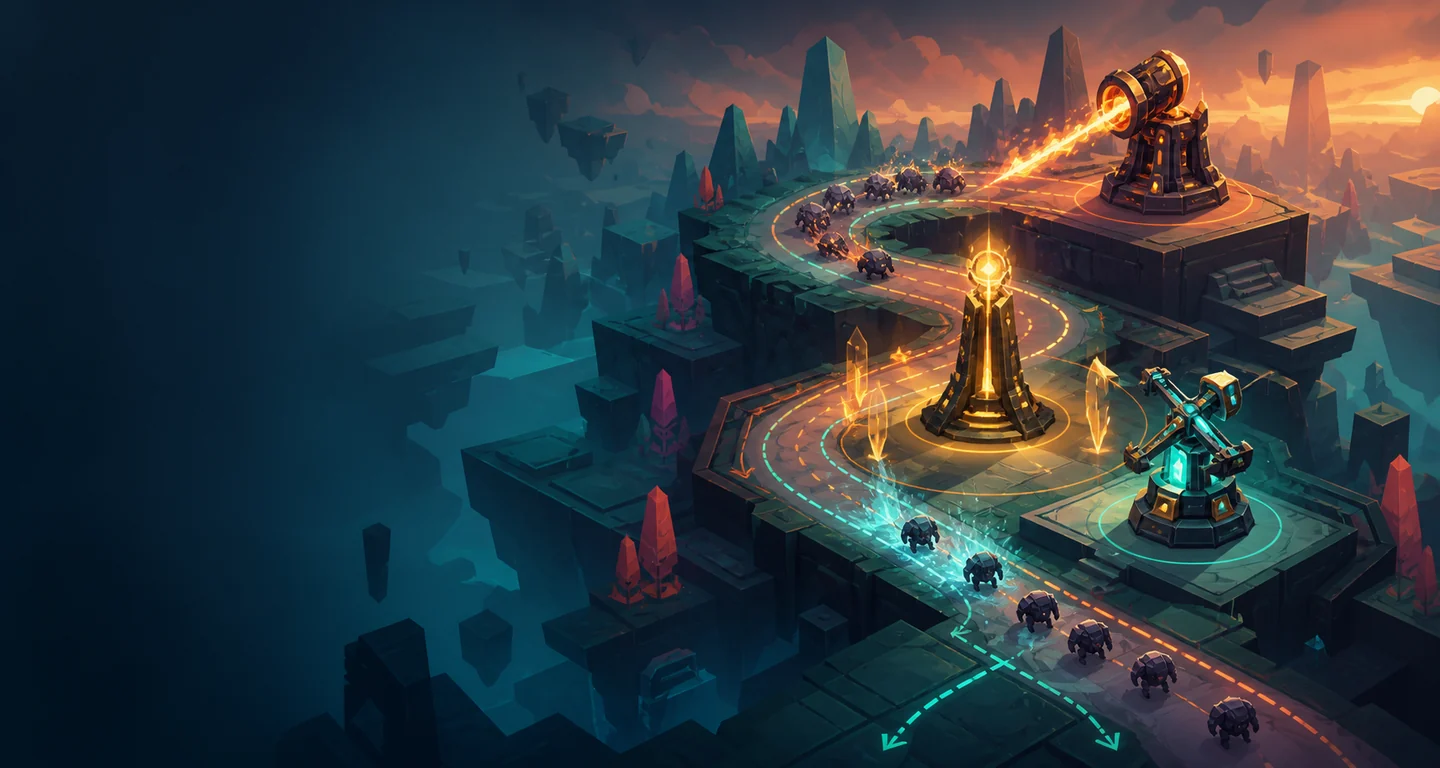 Original abstract tower defense battlefield with branching lanes and glowing defensive structures